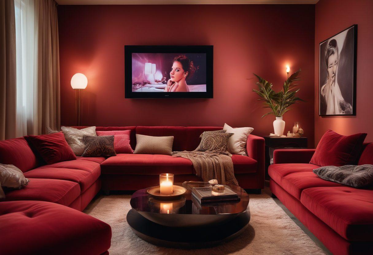 A vibrant collage showcasing a cozy yet enticing home cinema setup, featuring a plush couch, soft lighting, and a large screen displaying abstract erotic art. Include subtle hints of streaming devices on a sleek coffee table and a glass of red wine to set a relaxed mood. Surround the scene with tasteful decorations like candles and artwork. super-realistic. inviting colors. intimate atmosphere.