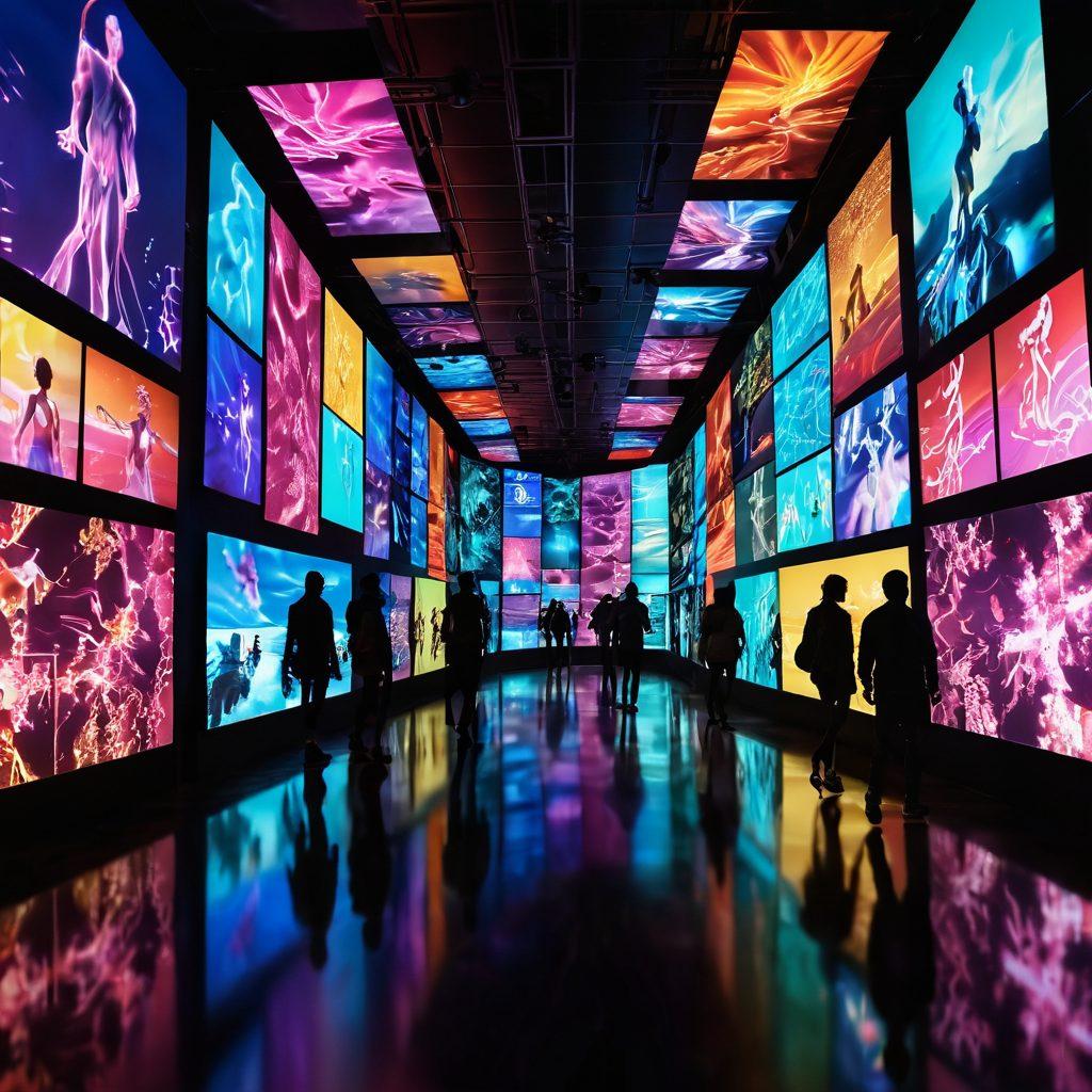 An abstract pathway leading through a kaleidoscope of screens displaying silhouetted figures engaging in various activities related to adult films. The background should have soft, moody lighting, with neon accents to evoke a sense of exploration and intrigue. Include whimsical elements like swirling clouds and vibrant colors to create a dreamlike atmosphere. Focus on merging technology and human experience. cyberpunk. vibrant colors. moody lighting.